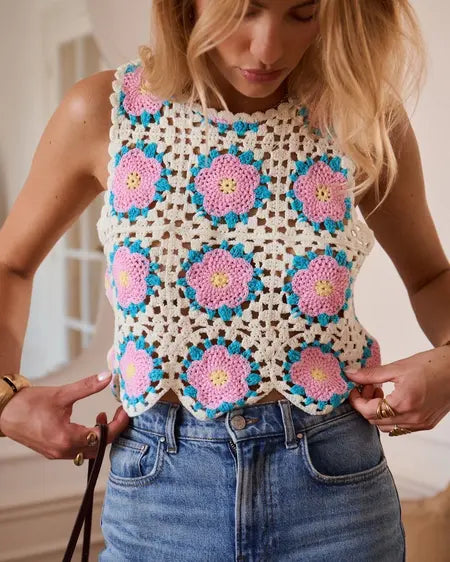 Top crochet fleuri bohème multicolore